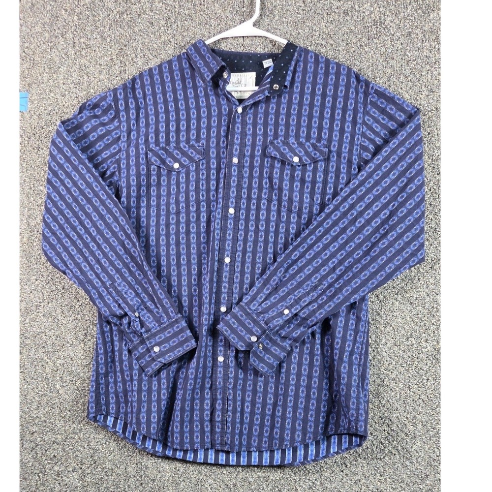 Age of Wisdom Pearl Snap Shirt Mens 2XL Blue Western Geometric Cotton Streetwear